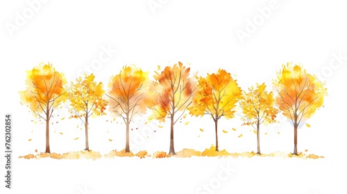 watercolor autumn yellow trees on a white background  a row of autumn trees simple illustration 