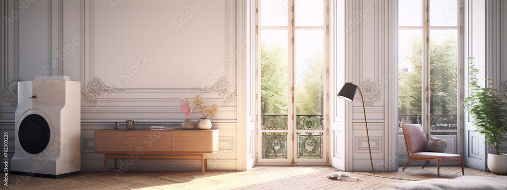 Parisian apartment interior with large windows, wooden floor and vintage furniture in bright colors - obrazy, fototapety, plakaty 