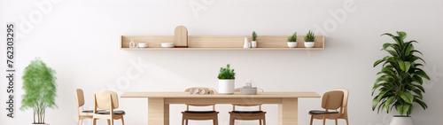 Minimalist interior scene with a wooden table, chairs, plants, and a shelf with various objects.