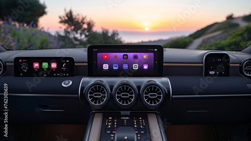 an image showcasing the interface of a car stereo with both Apple CarPlay and Android Auto, with a minimalist aesthetic and bright backdrop photo