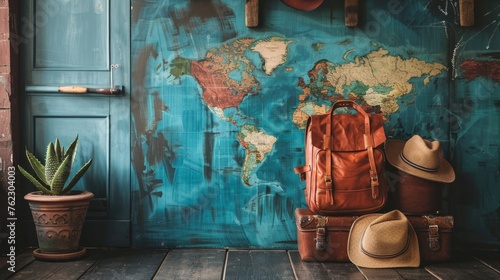 Adventurous backpacks and suitcases, mapped world behind, Summer vocation and travel concept photo