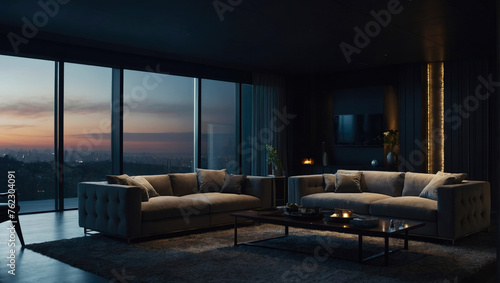 elegant modern apartment with sofa and a large television hanging on the wall and a large panoramic window