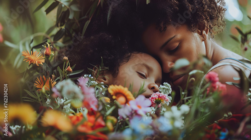 An african american mother and her doughter hugging each other surrounded flowers. Mother's day card. photo