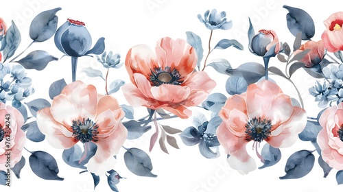 Watercolor painted floral seamless border of pastel pink, dark gray, blue buds, poppy, rose, peony, wild flowers, leaves, branches. Hand drawn illustration. Watercolour artistic drawing