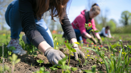 Young girls are planting flowers in a park. It s symbolizing the renewal and restoration of nature in honor of Earth Day.