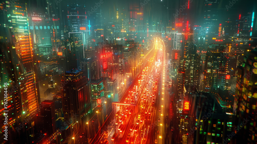 Abstract neon light trails weave a vibrant tapestry across a bustling cityscape at night. City background. Abstract neon light trails weave a vibrant tapestry across a bustling cityscape at night. City background.