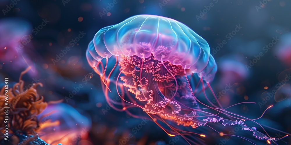 Obraz premium Closeup of Several Beautiful Moon Vibrant Bioluminescent Pink Jellyfish