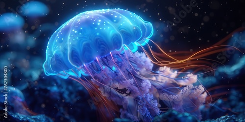 Closeup of Several Beautiful Moon Vibrant Bioluminescent Blue Jellyfish