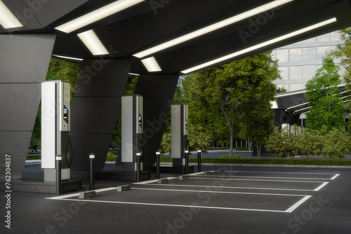 Electric vehicle fast charging station. 3d rendering of abstract architecture with city background.
