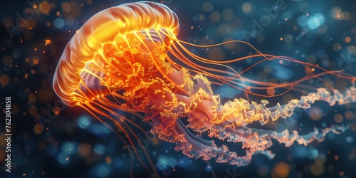 Closeup of Several Beautiful Moon Vibrant Bioluminescent Gold Jellyfish