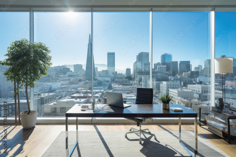 Fototapeta premium Modern Office Space Overlooking Bustling Cityscape