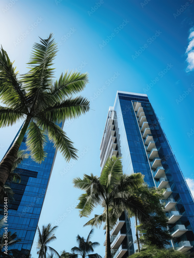 Naklejka premium Modern Buildings Amidst Tropical Palm Trees