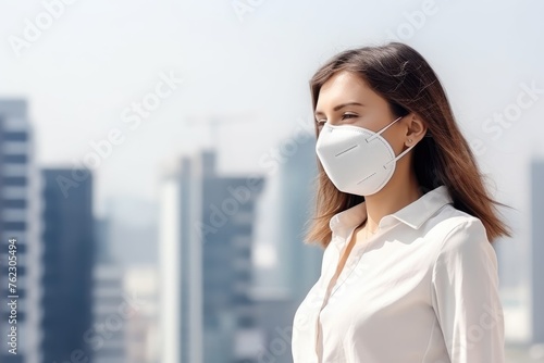 An attractive young woman wearing a white blouse and a protective mask on a hazy summer day in the city. Attractive Woman in Summer Wearing Mask Against Air Pollution