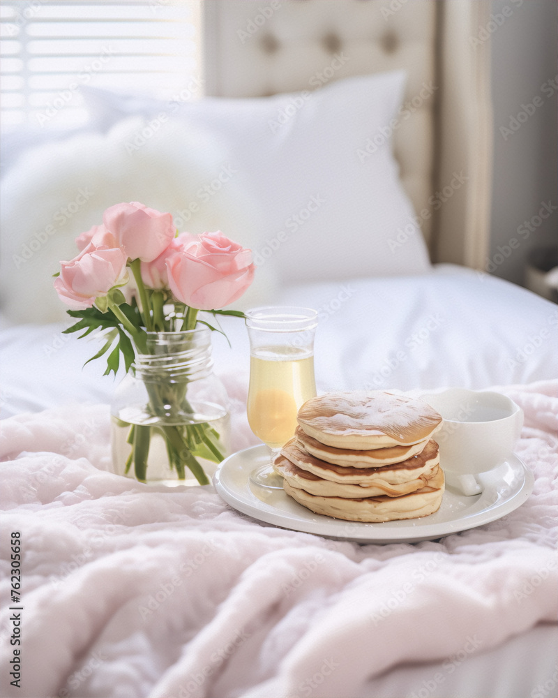Still life of a breakfast in bed with pancakes, flowers and juice in a soft pink color scheme. Still life of a breakfast in bed with pancakes, flowers and juice in a soft pink color scheme.