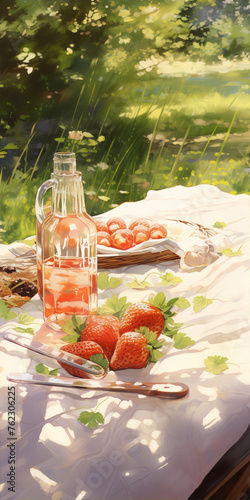 Picnic in the sun with strawberries, bottle of juice and cake on a white tablecloth