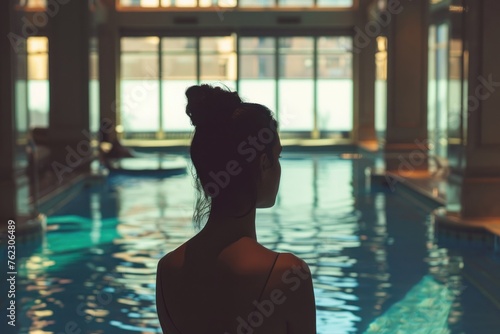 Tranquil Elegance: Woman in Silhouette by City-Lit Pool - Generative AI