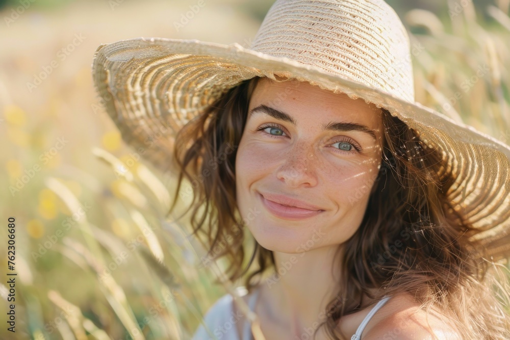 Glowing Seaside Serenity: Woman with Straw Hat Smiling - Generative AI