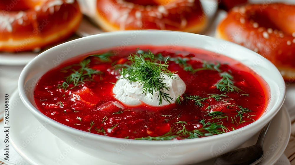 Borscht with sour cream and dill in a plate. Nearby there are donuts and lard. Generated by artificial intelligence. Borscht with sour cream and dill in a plate. Nearby there are donuts and lard. Generated by artificial intelligence.