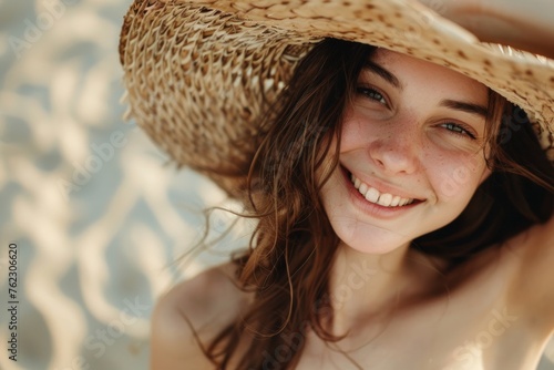 Glowing Seaside Serenity: Woman with Straw Hat Smiling - Generative AI © Gelpi