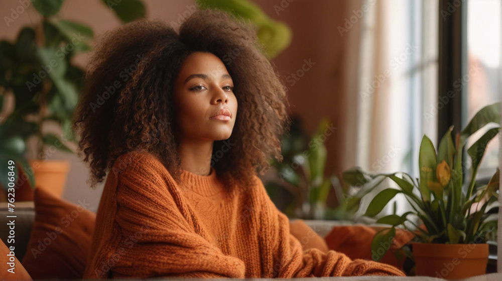 Beautifulyoung black woman relaxing on sofa in her apartment. Beautifulyoung black woman relaxing on sofa in her apartment.