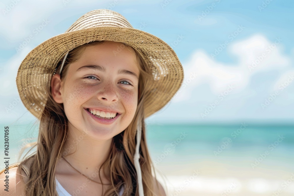 Seaside Glow: Radiant Young Girl with Hat Enjoying Summer - Generative AI