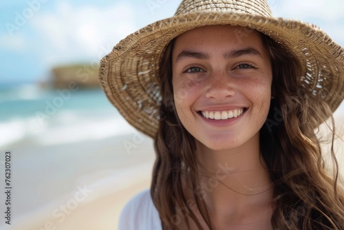 Seaside Glow: Radiant Young Girl with Hat Enjoying Summer - Generative AI