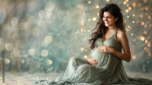 Radiant Pregnant Woman Sitting on Floor in Light-Filled Setting 