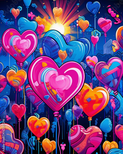 Colorful 3D hearts balloons floating up in the sky in a graffiti style with a bright light in the background.