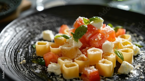 Small squares pasta with Ricotta-Tomato souse on black plate. Generated by artificial intelligence.