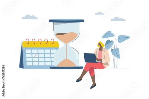 Time management planning concept, Corporate schedule management, Businesswoman plans organized work on schedule, with big hourglass. Vector design illustration.