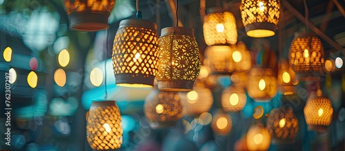 An array of lanterns, crafted from metal and glass, illuminate the event venue with electric blue light, creating a stunning art installation in the city
