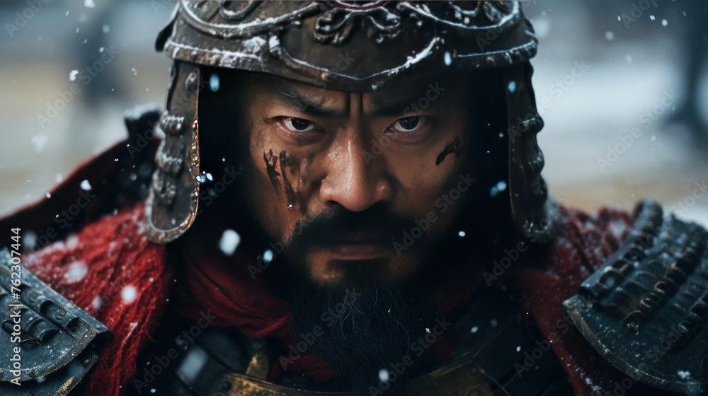 The faces of generals during the Chinese dynasty A small piece of red armor topped with a general's helmet. And a man with a slight beard stood on a wall of snow. The faces of generals during the Chinese dynasty A small piece of red armor topped with a general's helmet. And a man with a slight beard stood on a wall of snow.