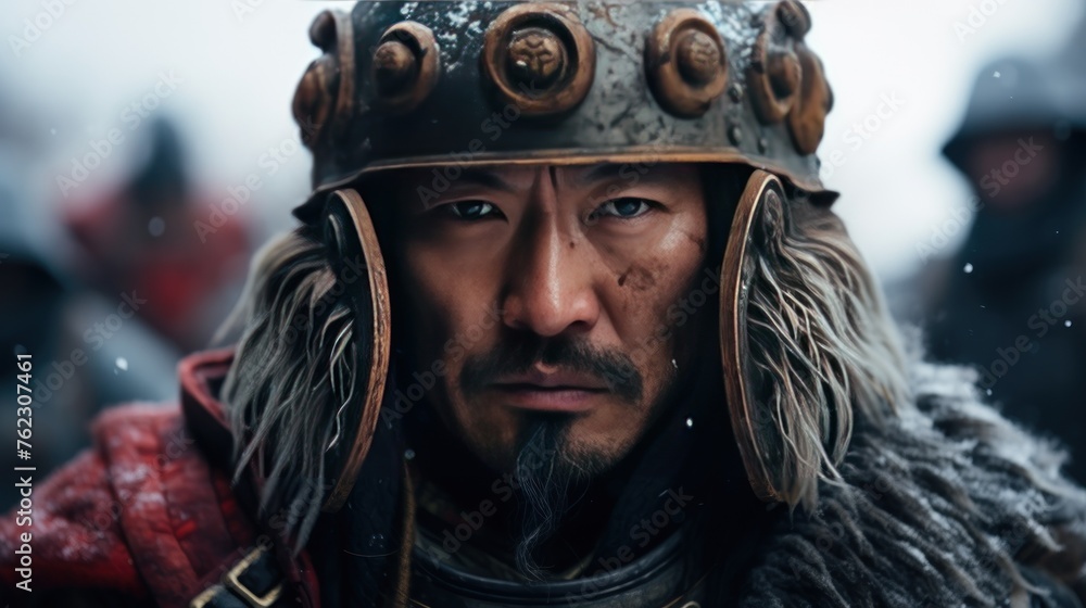 The faces of generals during the Chinese dynasty A small piece of red armor topped with a general's helmet. And a man with a slight beard stood on a wall of snow. The faces of generals during the Chinese dynasty A small piece of red armor topped with a general's helmet. And a man with a slight beard stood on a wall of snow.