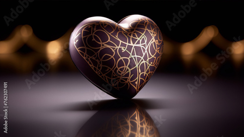 Still life of a heart-shaped candy with golden pattern on a dark background