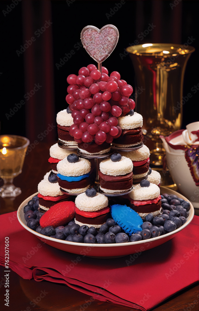 Still life of a 4 tiered petit four tower with red white and blue frosting and blueberries and grapes