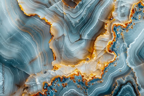 Abstract Patterns of Blue and Orange Agate Crystal - Macro Photography of Natural Mineral Layers with Vivid Colors