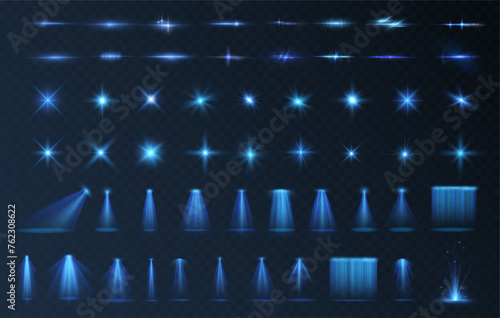 Light effect set. Glow isolated blue transparent light effect set, lens flare, explosion, glitter, dust, line, sun flash, spark and stars, spotlight, curve twirl. Sunlight, abstract special effect.