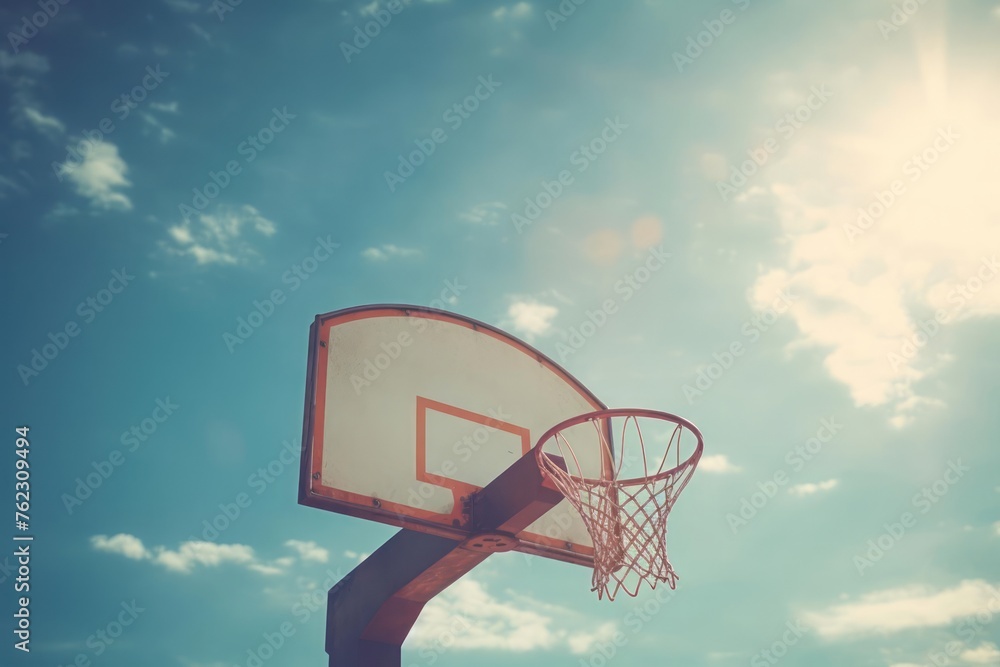 Basketball hoop against the blue sky.