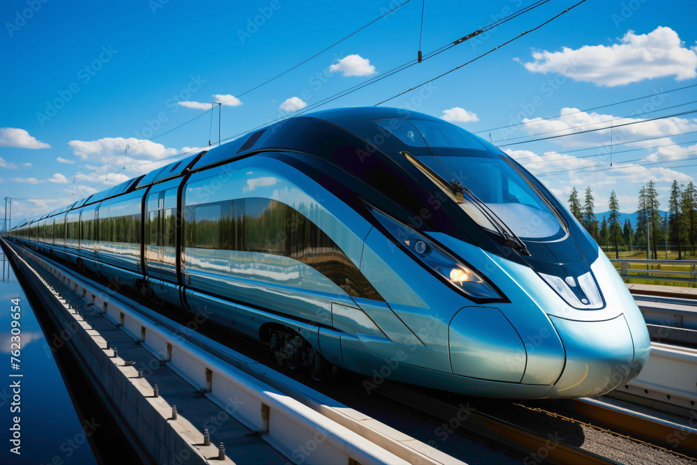 A high-speed magnetic levitation train zooming along a white track against a clear blue sky.