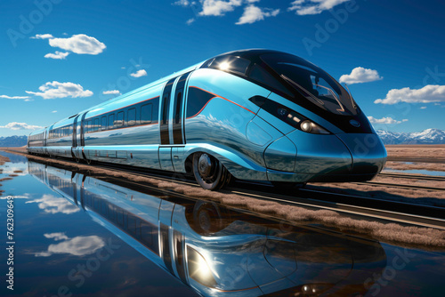 A high-speed magnetic levitation train zooming along a white track against a clear blue sky.