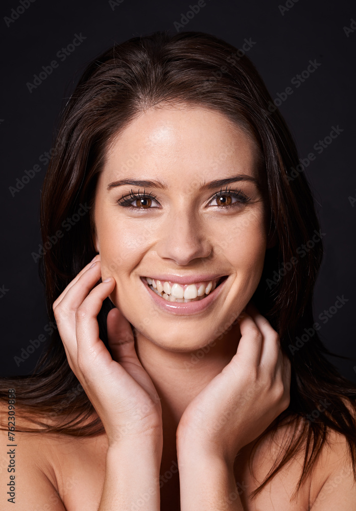 Face, smile and woman in portrait for beauty, hair care and wellness with glow isolated on dark background. Portrait, happiness with natural or clean look makeup, salon treatment and skin in studio Face, smile and woman in portrait for beauty, hair care and wellness with glow isolated on dark background. Portrait, happiness with natural or clean look makeup, salon treatment and skin in studio