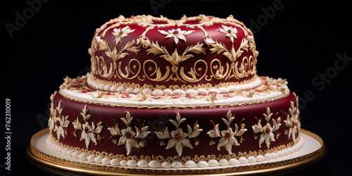 Red and gold ornate wedding cake with flowers