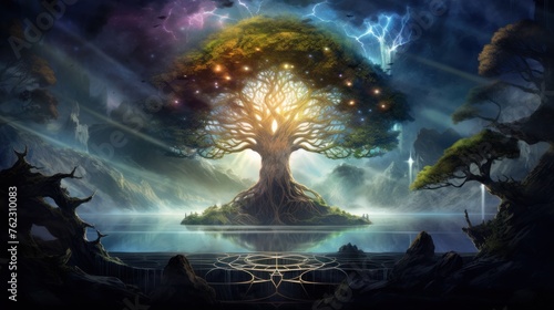 Yggdrasil and the Nine Worlds The roots were the size of a crown, beautifully colored, surrounded by a bright pentagram with the nine worlds. Streams of light flowed towards the roots of the tree.