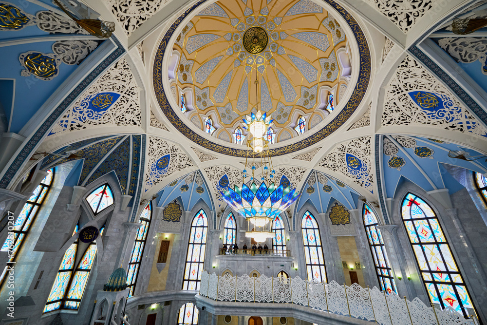 Interior of Mosque Kul Sharif in Kazan Kremlin. Kul Sharif Mosque was opened for celebration of the 1000th anniversary of Kazan in 2005. - obrazy, fototapety, plakaty 