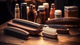 beard combs and brushes and lots of polish on a wooden table.