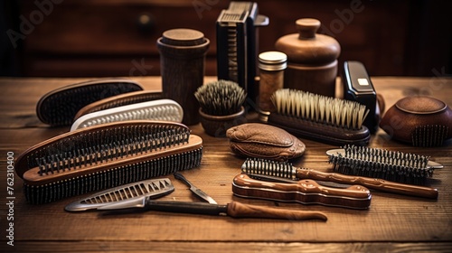 beard combs and brushes and lots of polish on a wooden table.