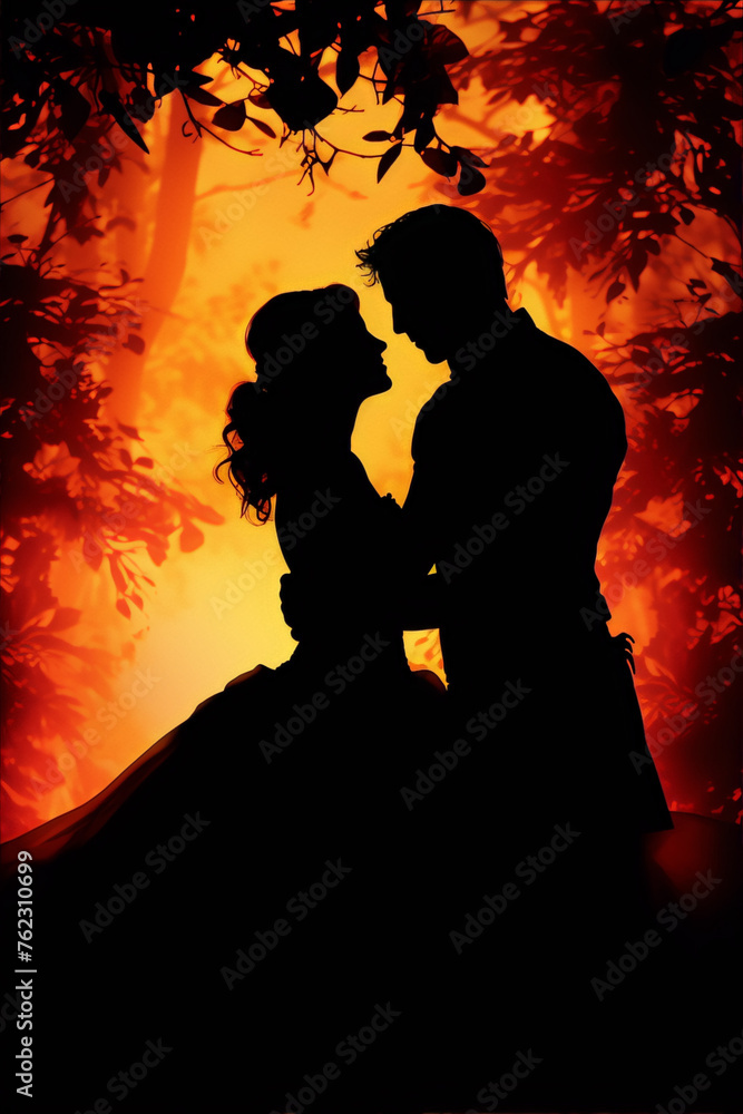 Theatrical romance novel cover, passionate silhouette of a couple in love