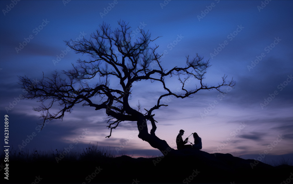 The image is of a couple sitting under a tree at sunset. The sky is blue and orange, and the tree is black. The image is in the art style of silhouette, and the subject is nature.