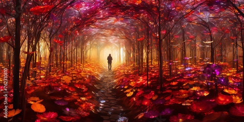 Mystical Glowing Red Flower Forest Path In Autumn