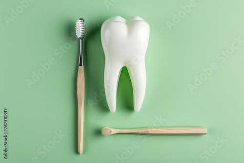 White healthy tooth model and dental toothbrush on green background with copy space. Dental care and health care concept.